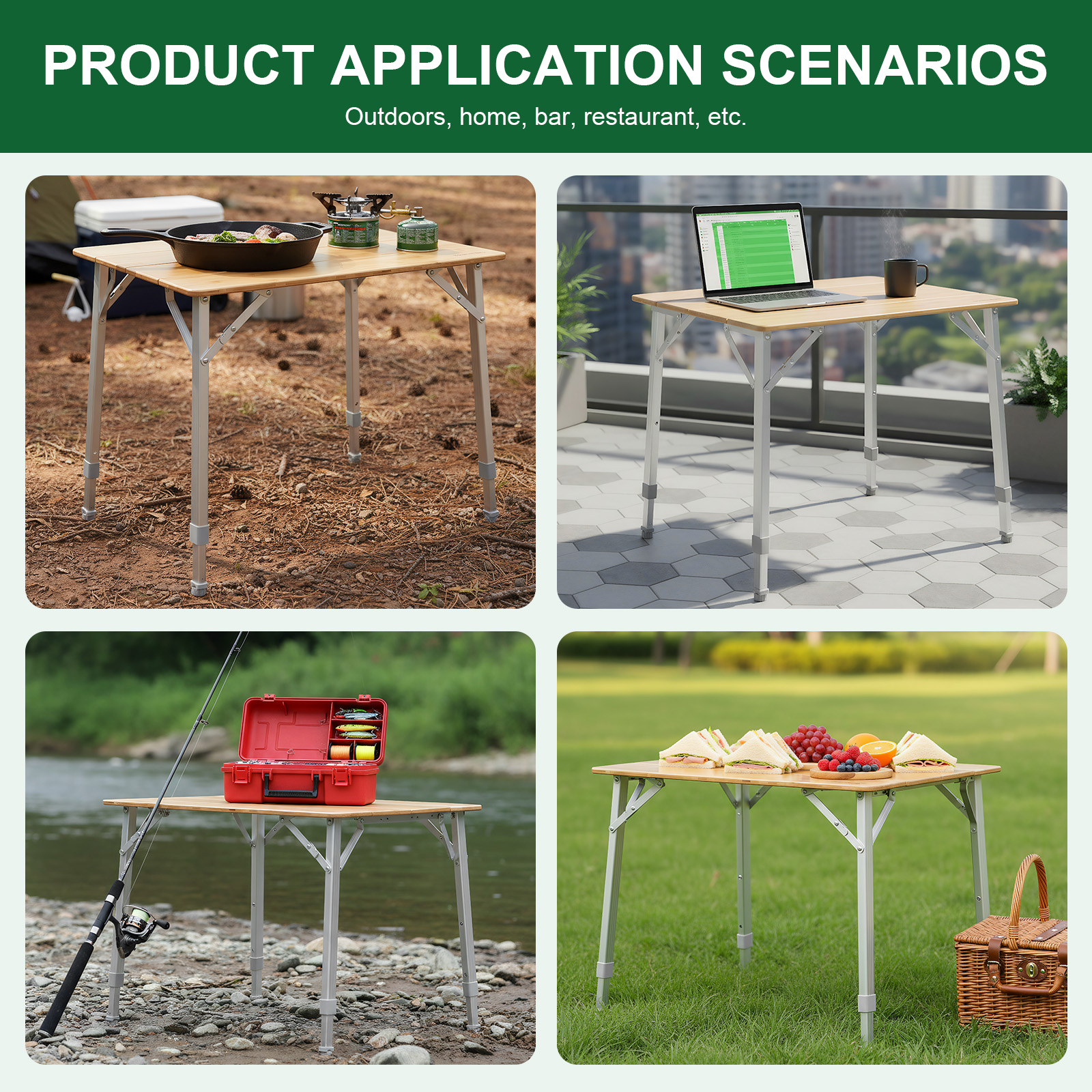 Home Cooking Restaurants - Adjustable Height Bamboo Folding Table with